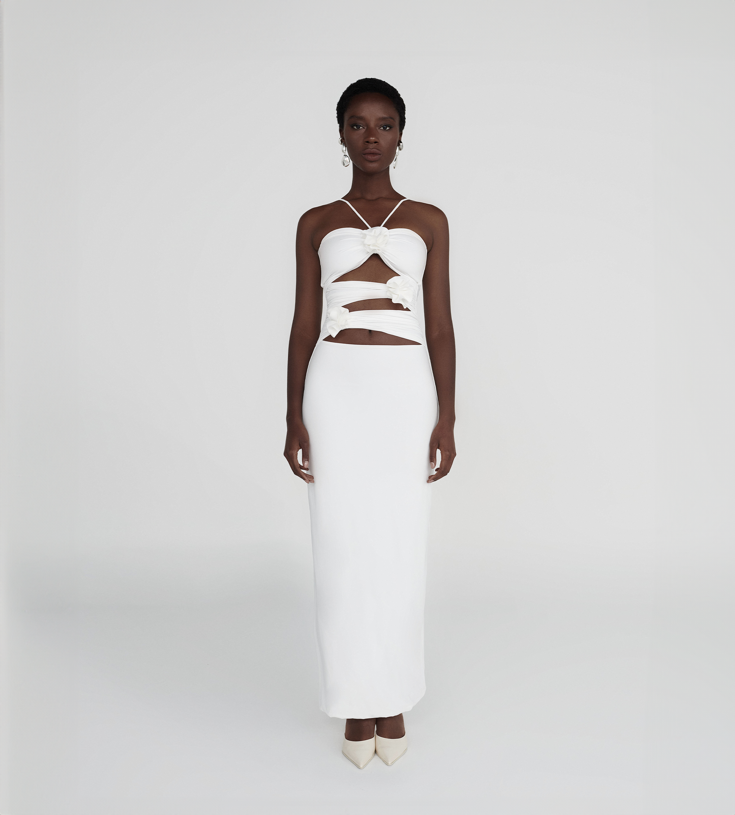 veranera cut out halter maxi dress Maygel Coronel Veranera Appliqud Ruched Cutout Stretch-Jersey Halterneck Maxi Dress in White